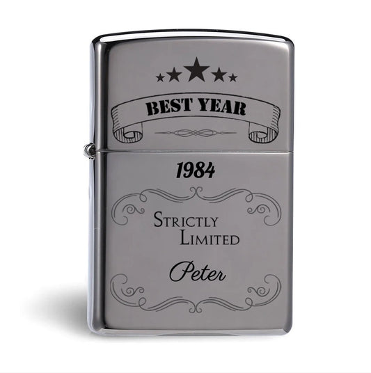 Henkilökohtainen kaiverrettu myrskysytytin. Nimi ja sanonta, henkilökohtainen kaiverrus